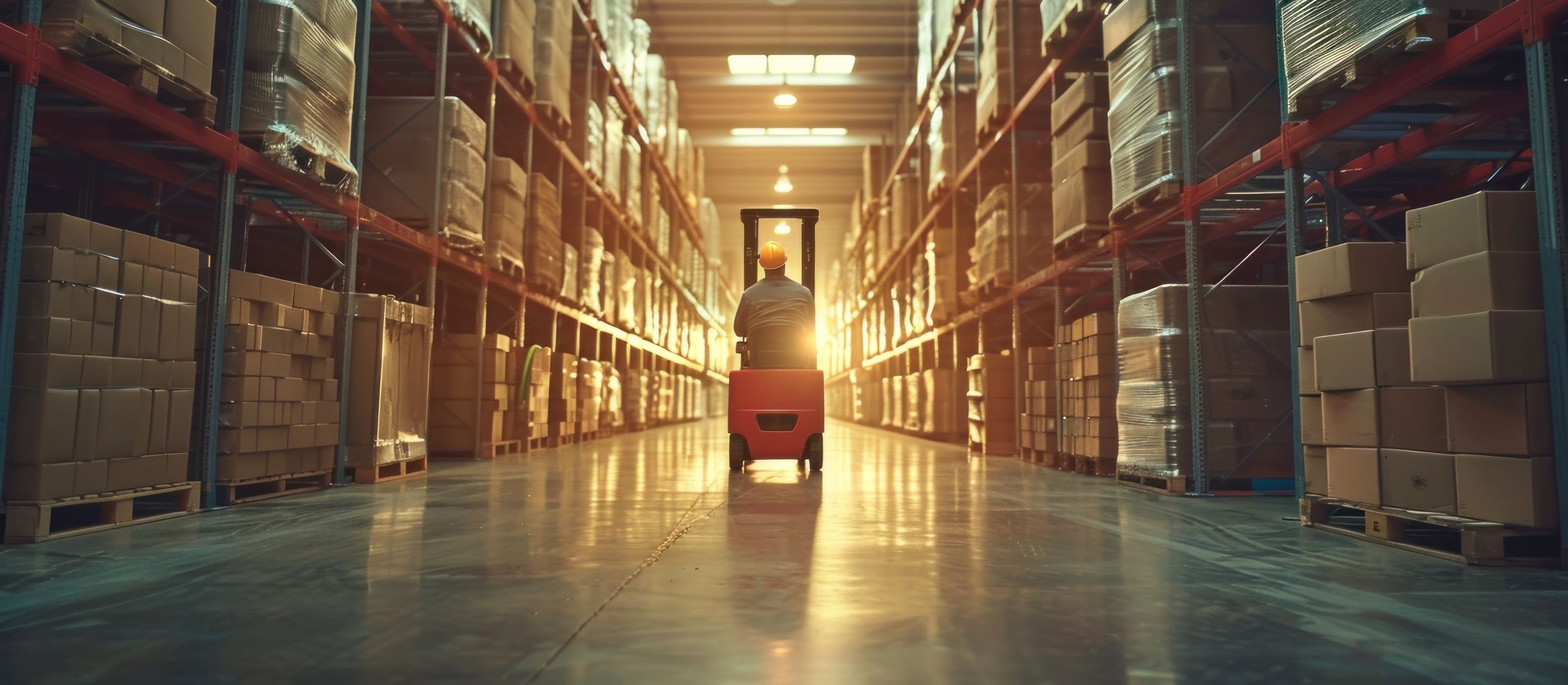 Forklift driver in commercial facilities warehouse.
