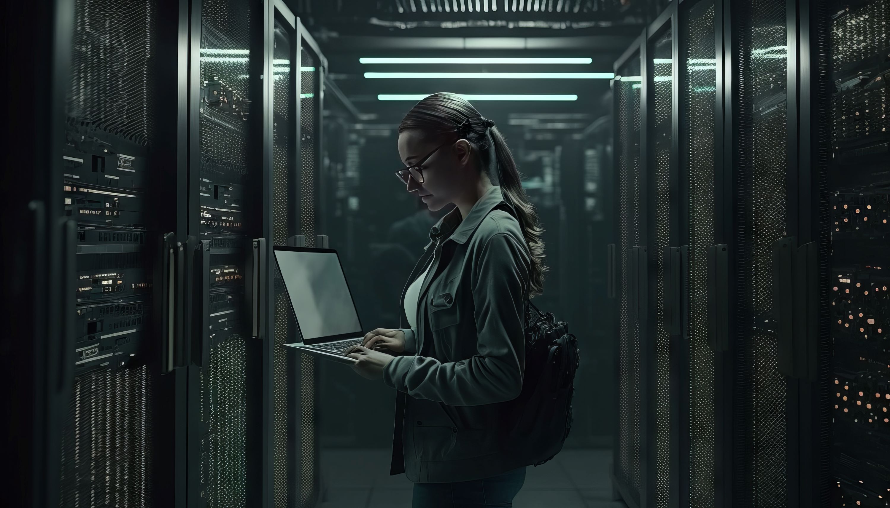 Computer professional using a laptop computer while standing in a server room.