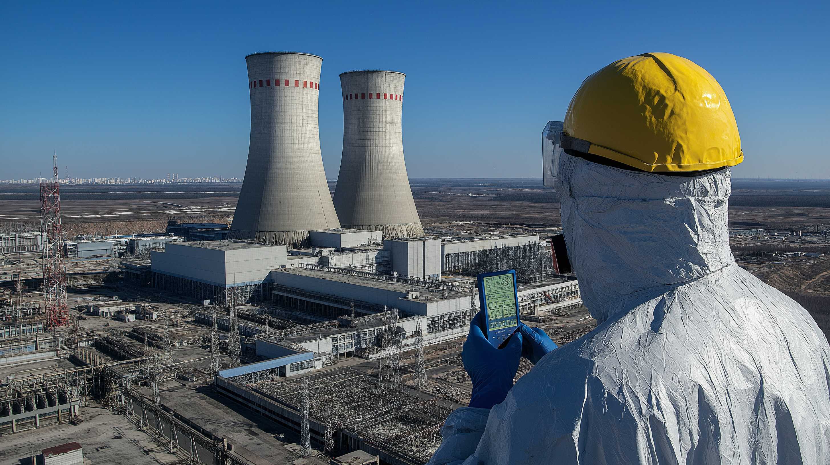 Nuclear worker overlooking two cooling towers.