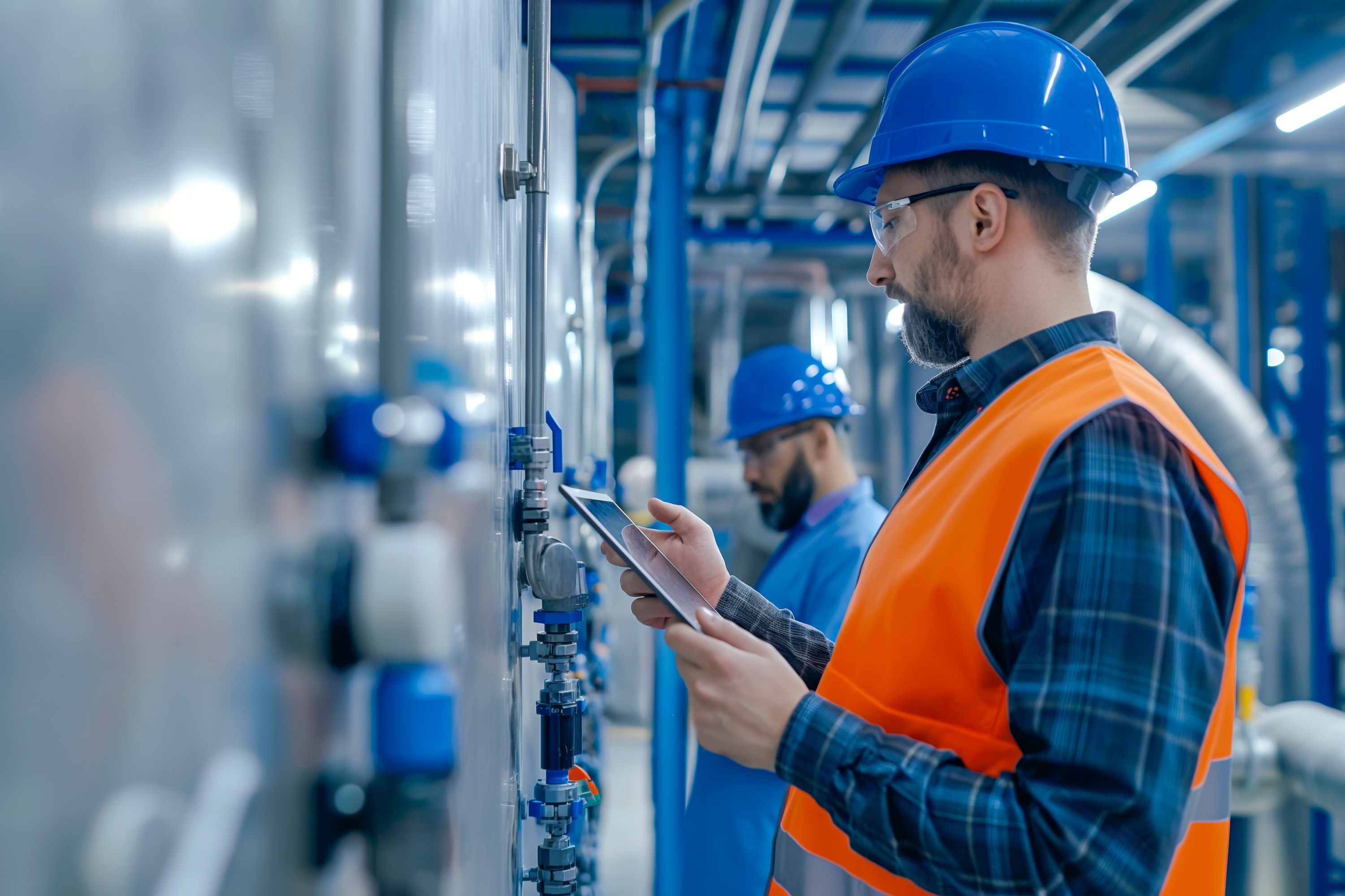Two water utility workers monitoring gauges at a facility.