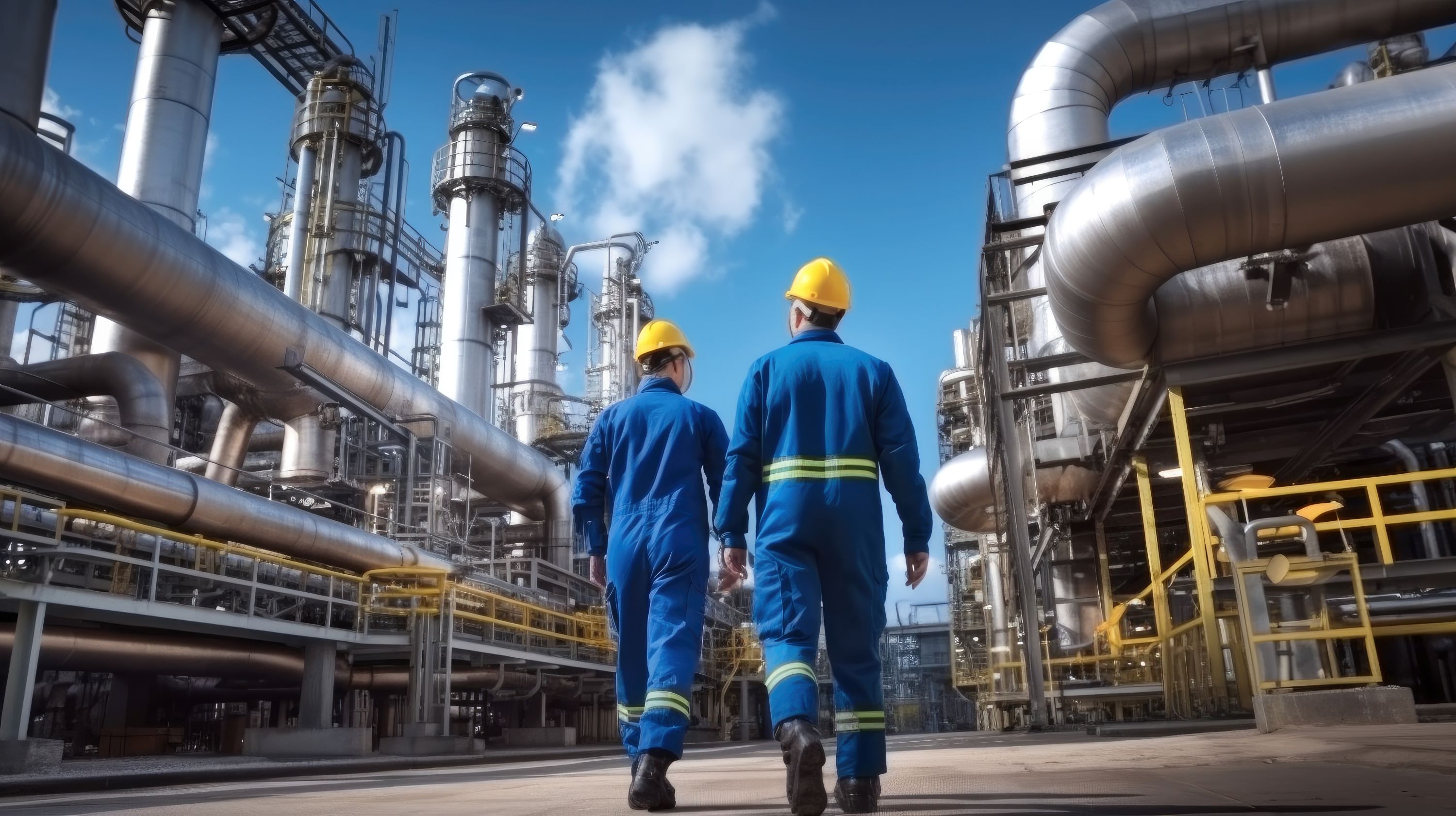 Two workers wearing uniforms and hardhats walking through an expansive chemical facility.