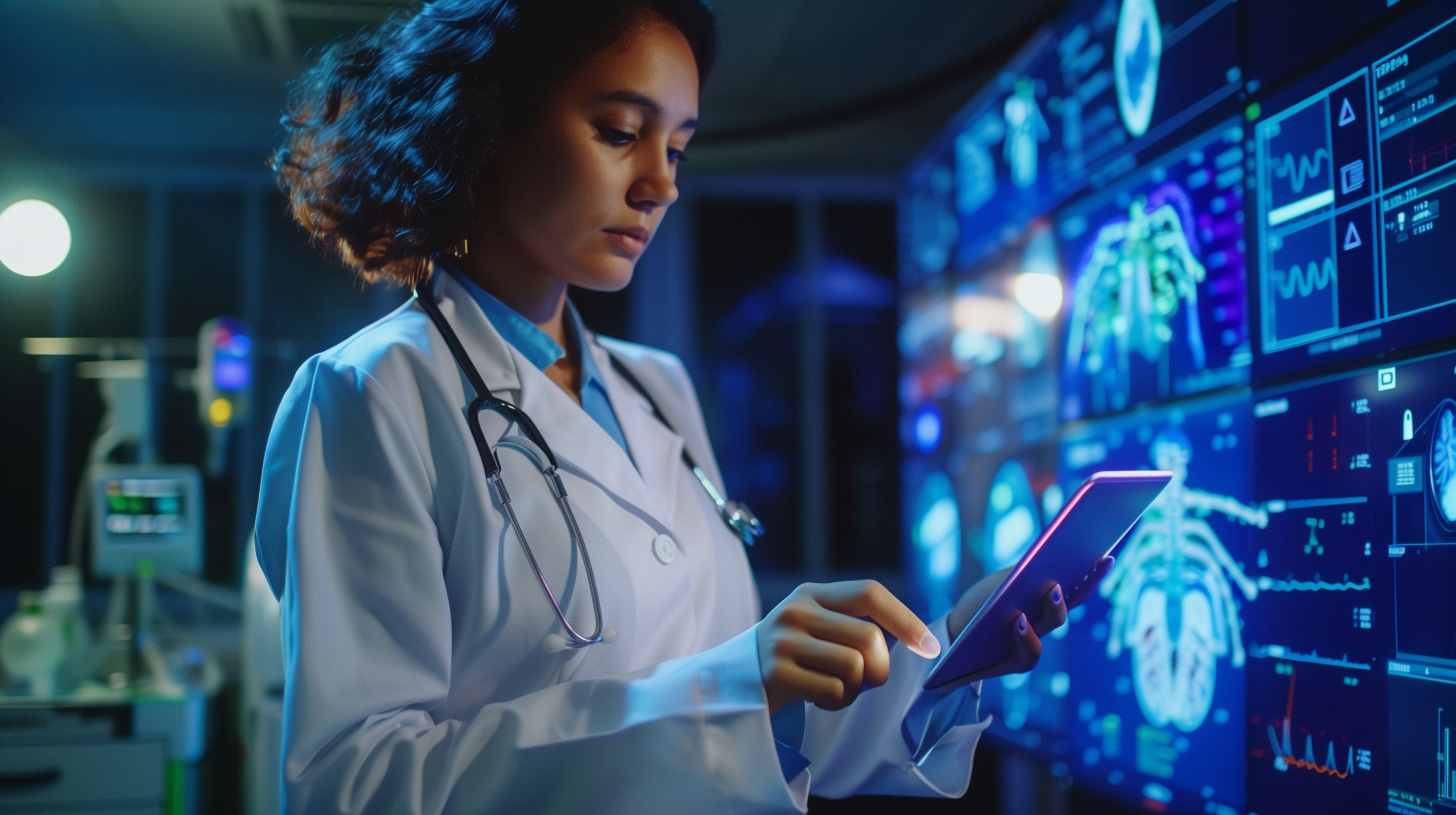 Doctor examining medical scans and holding a pad device.