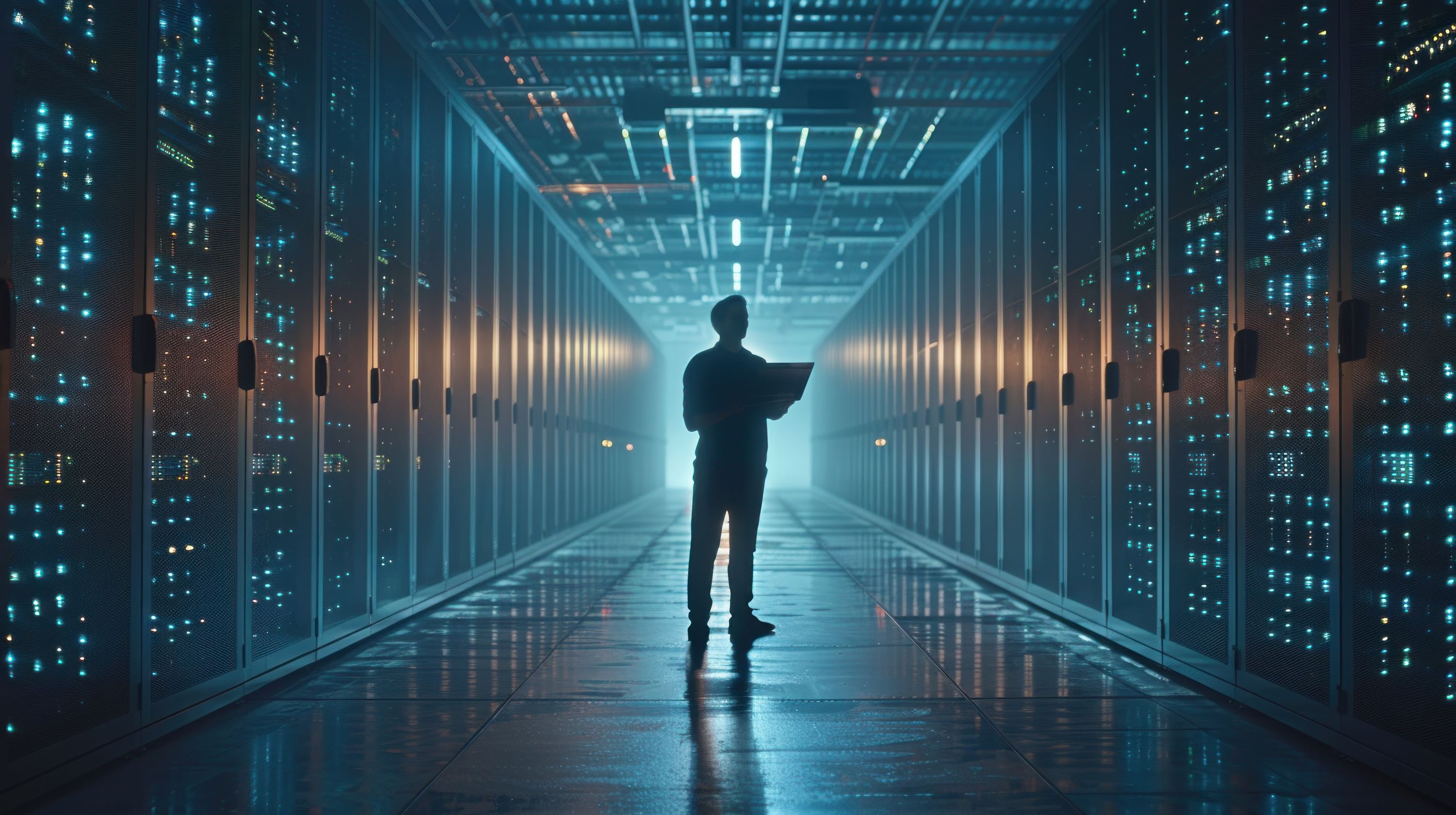 Person holding laptop and standing in an aisle of servers.
