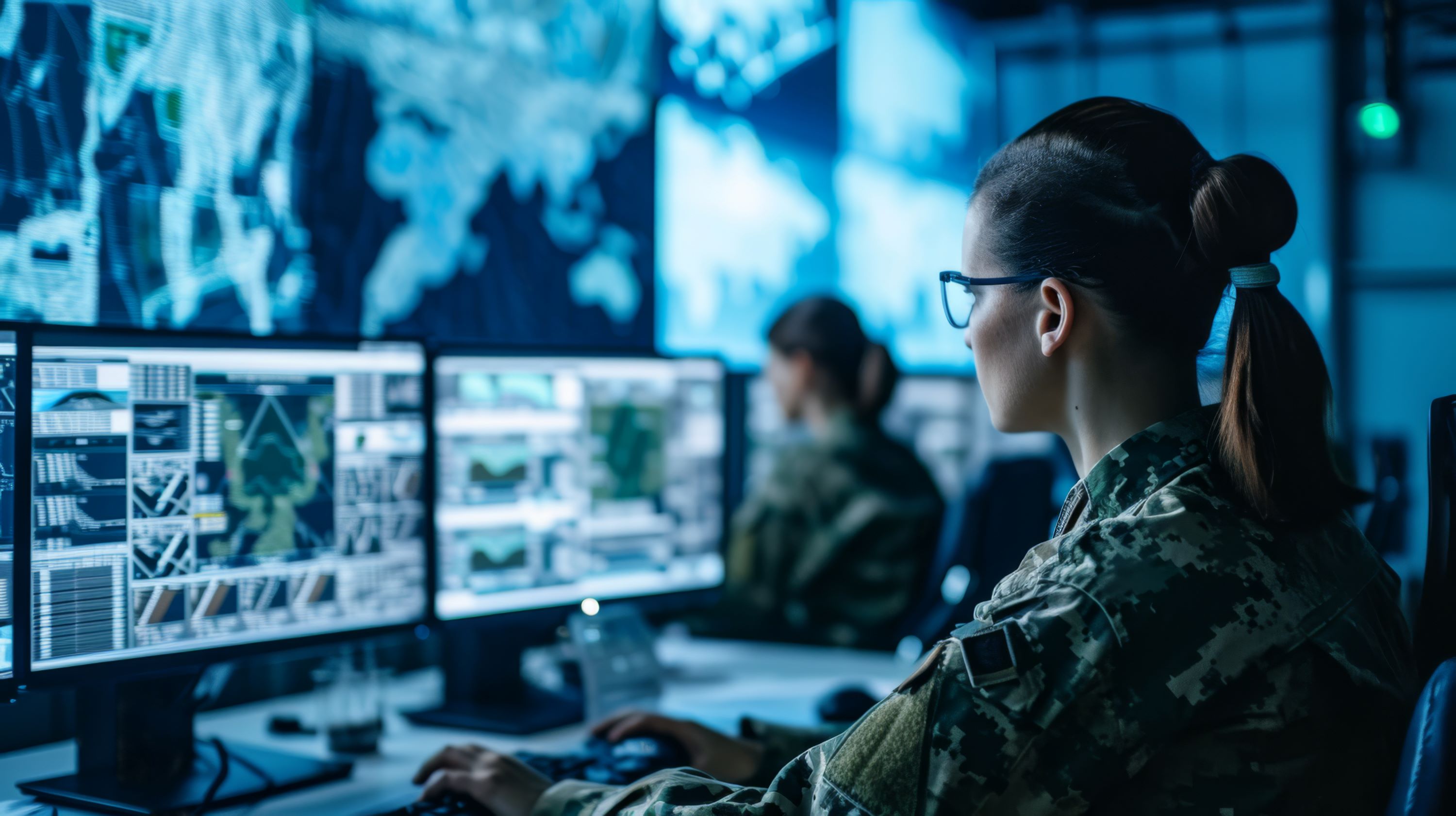 Military person working at a dual-monitor computer within a control center.