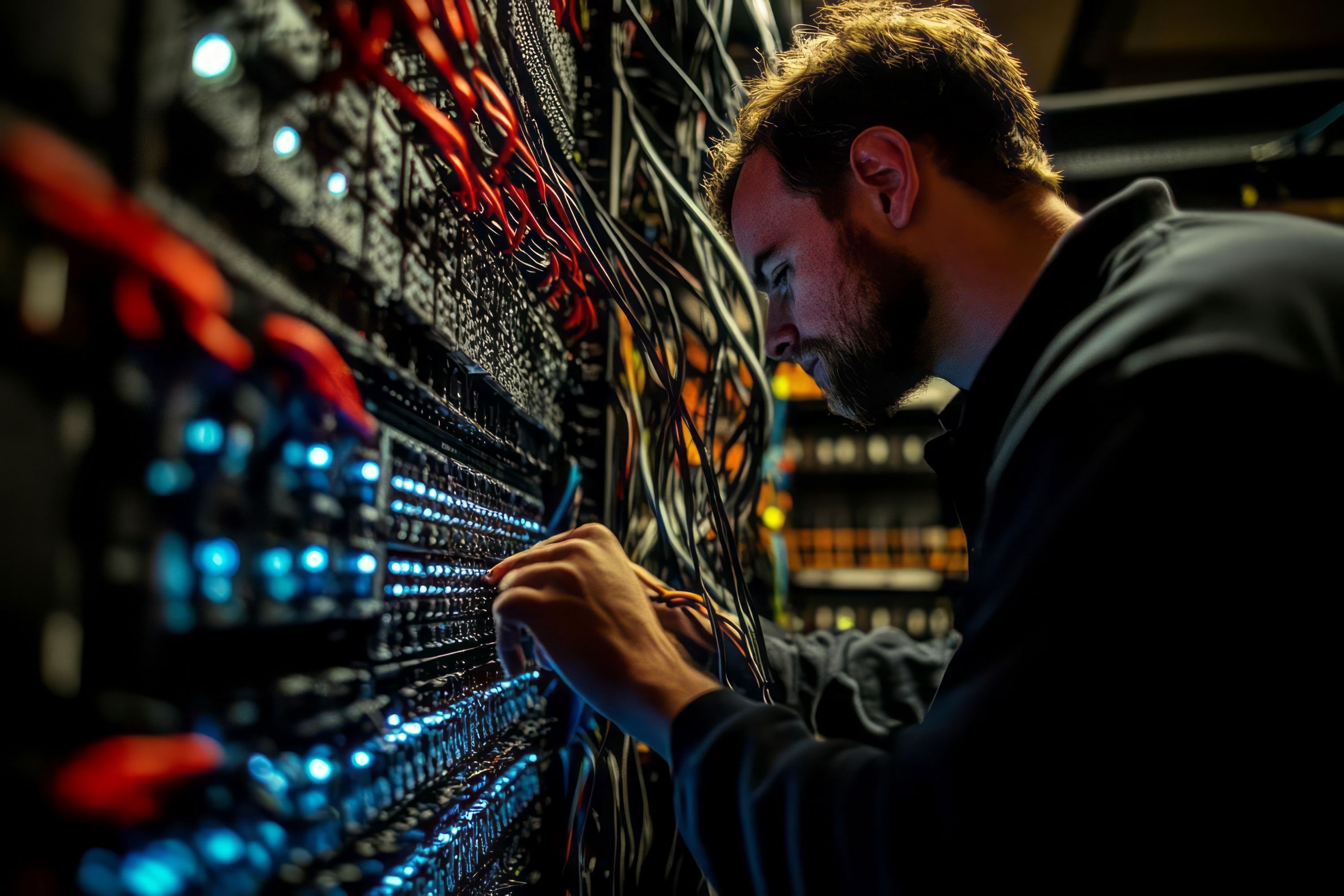 IT professional working on a server stack.