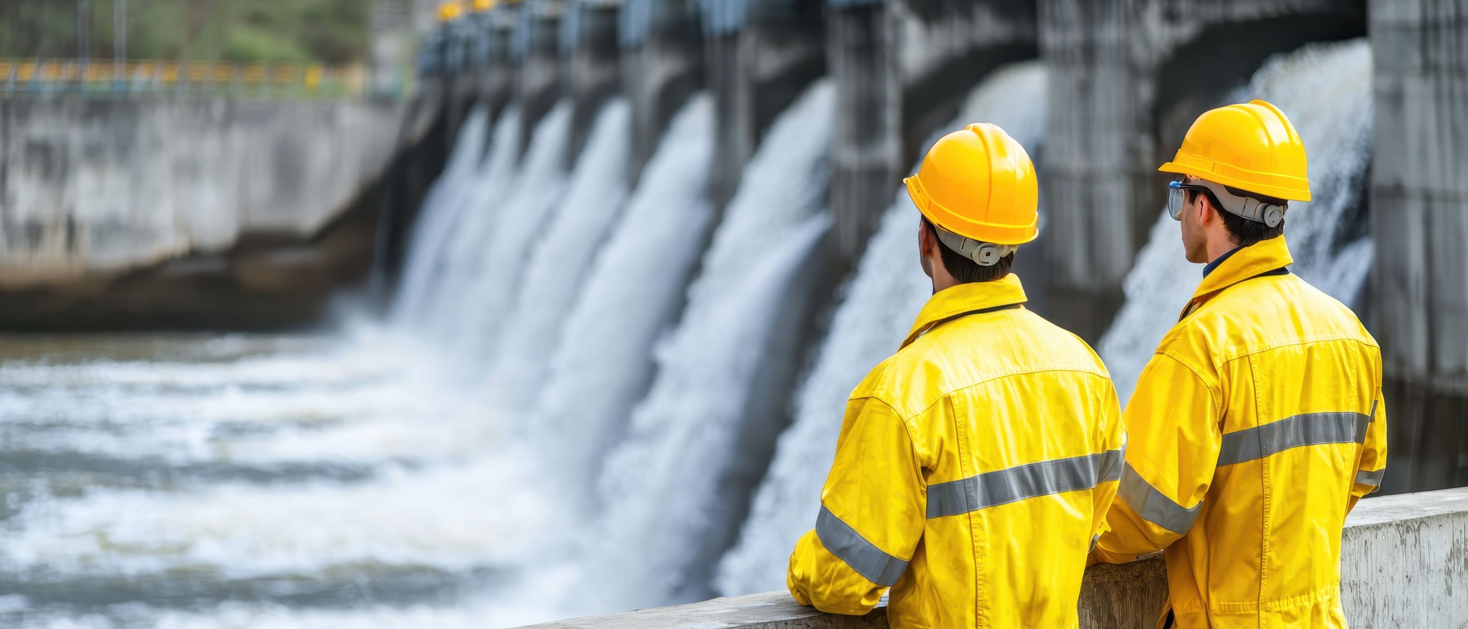 Two dam workers at a dam site.