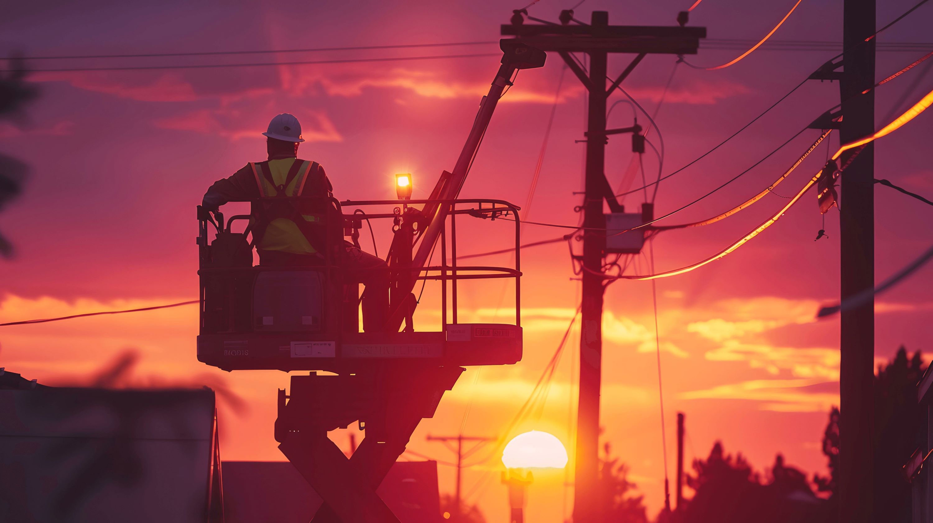 Energy worker on a cherry picker near powerlines. 