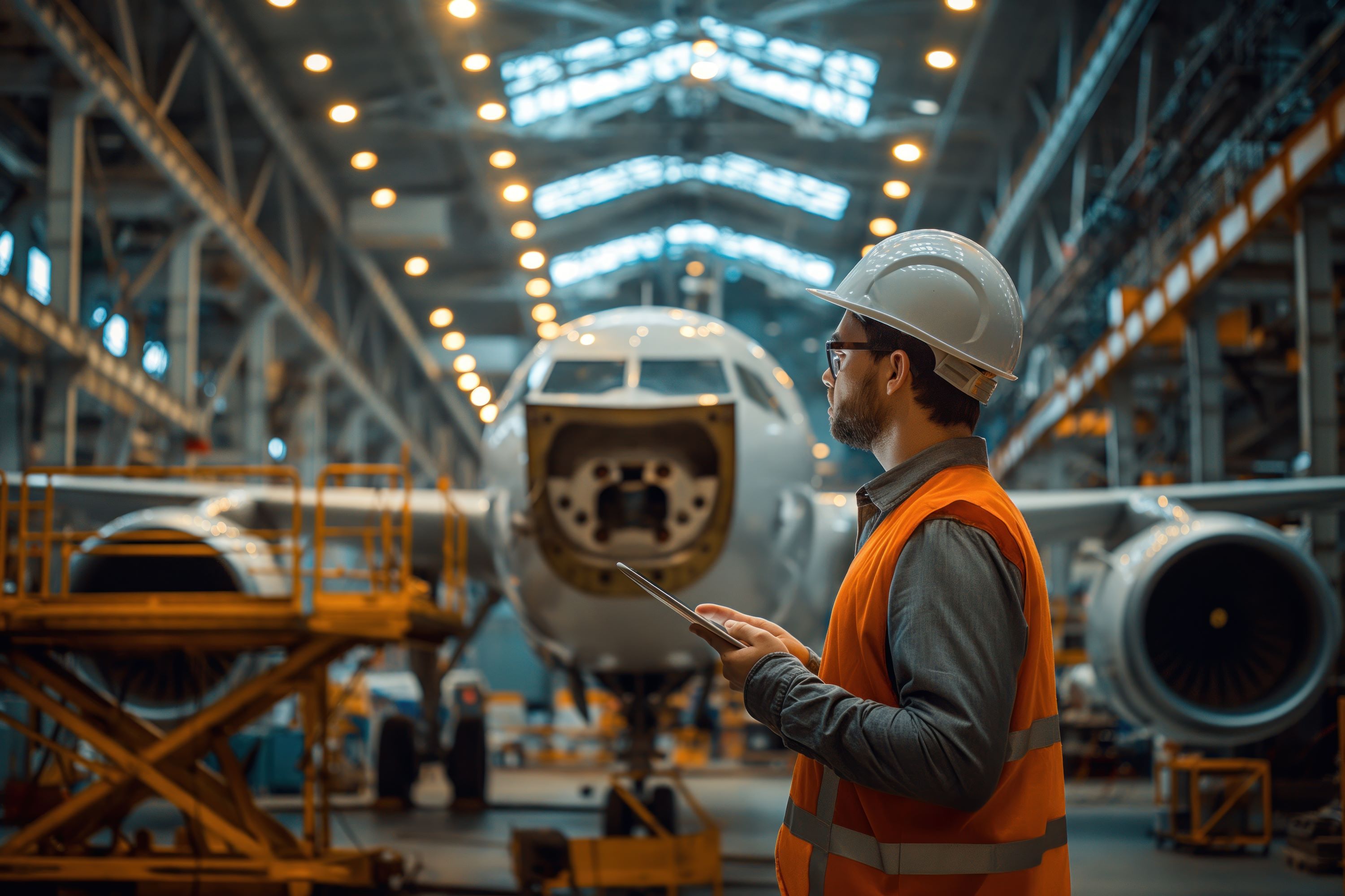 Aviation worker holding a pad device and standing in front of an airplane being assembled.
