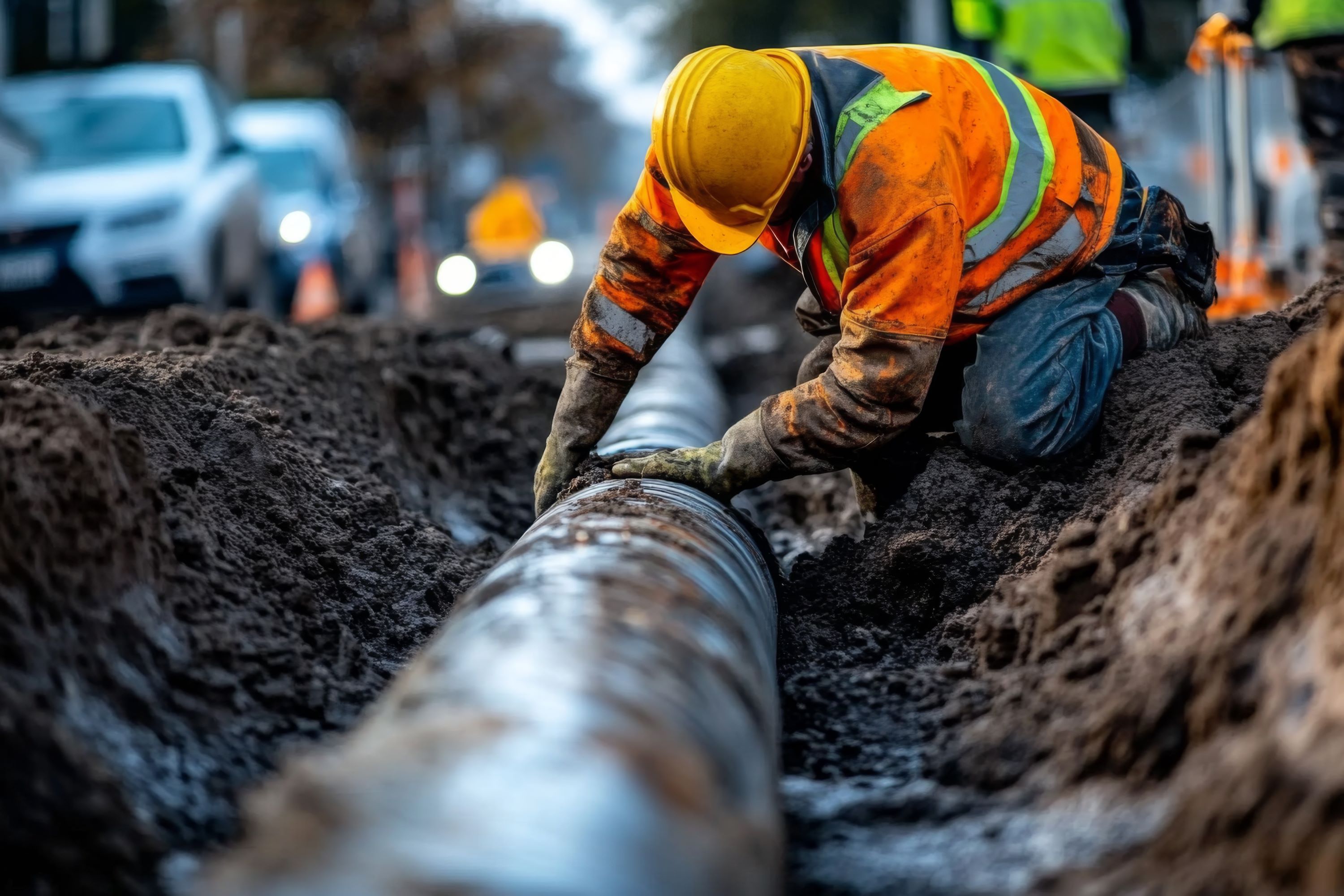 Public utility worker inspecting a large pipe.