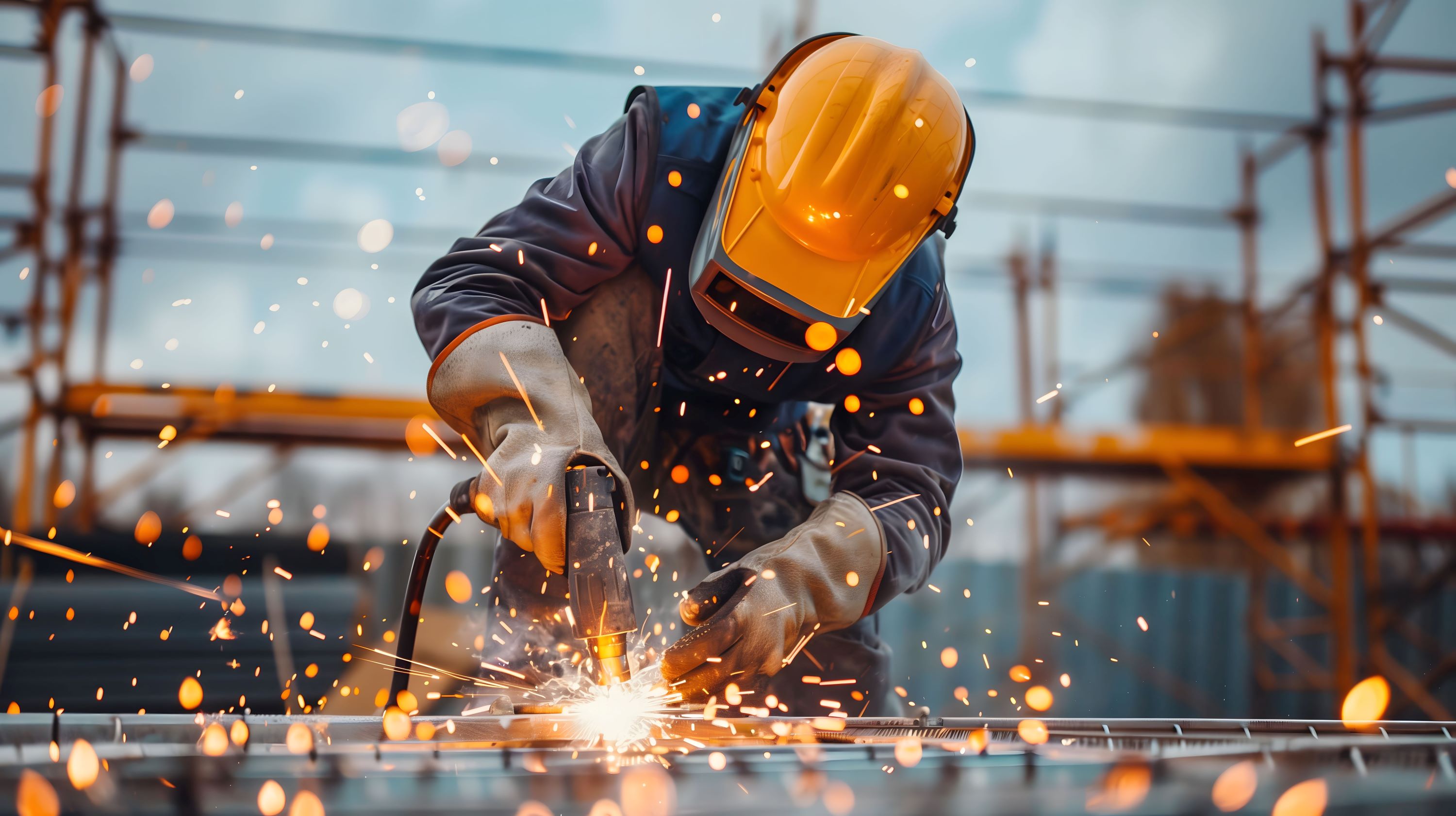 Worker actively welding and wearing full protective gear.