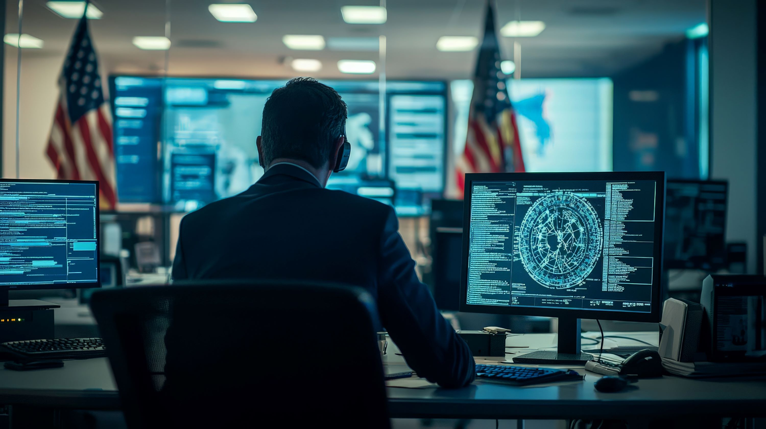 Government official working at a dual-monitor computer in an office within a control center.