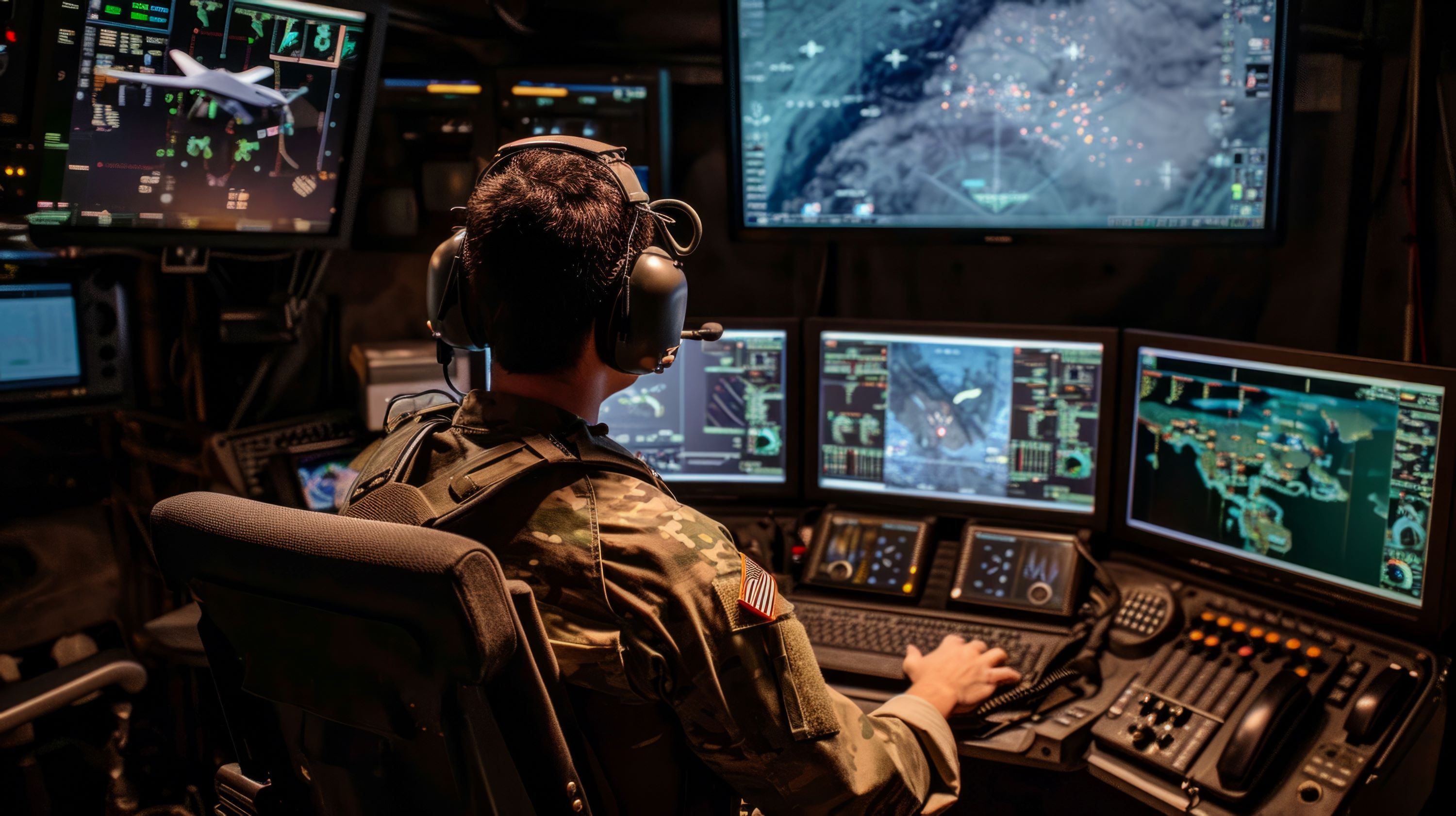 Military person operating a remote drone control center.