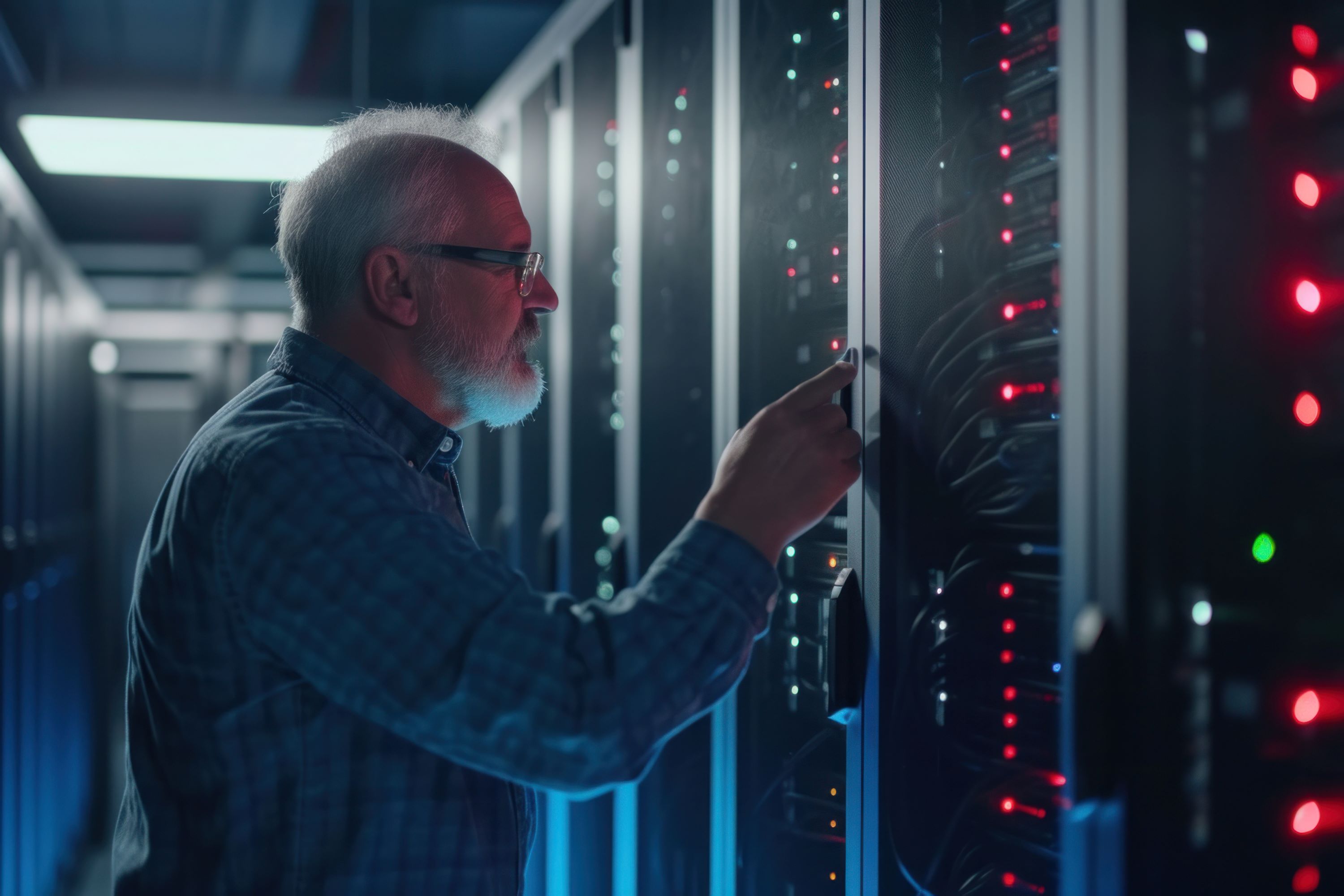 Technology professional working on a stack of servers.