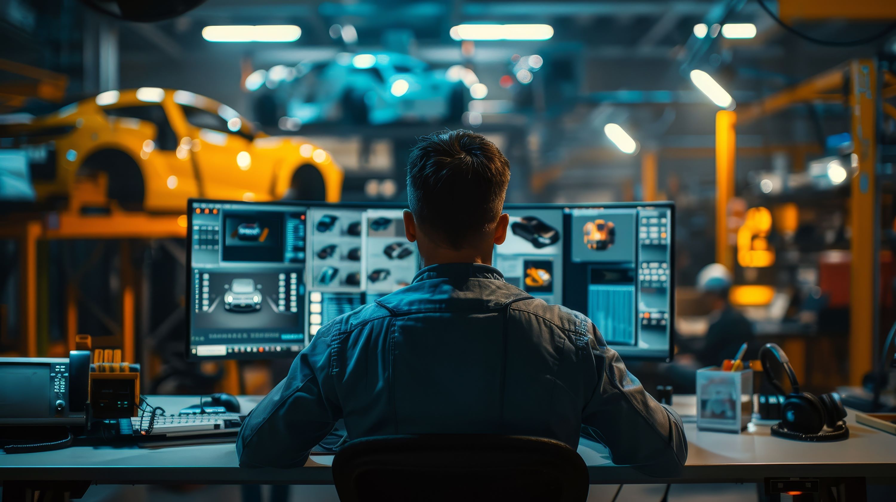 Auto manufacturing professional working at a computer with an extra wide monitor