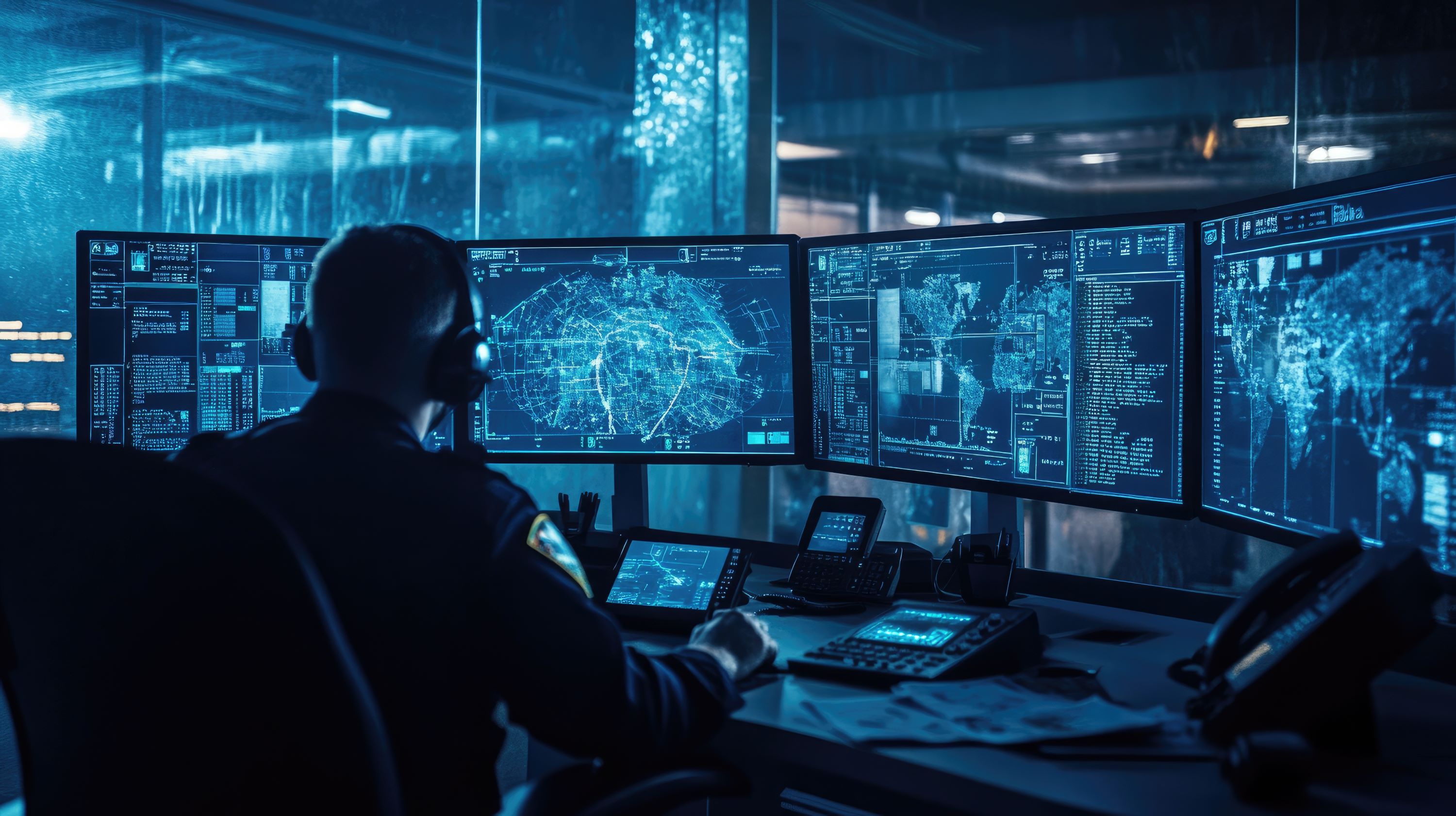 Emergency services professional using a desktop computer with four monitors