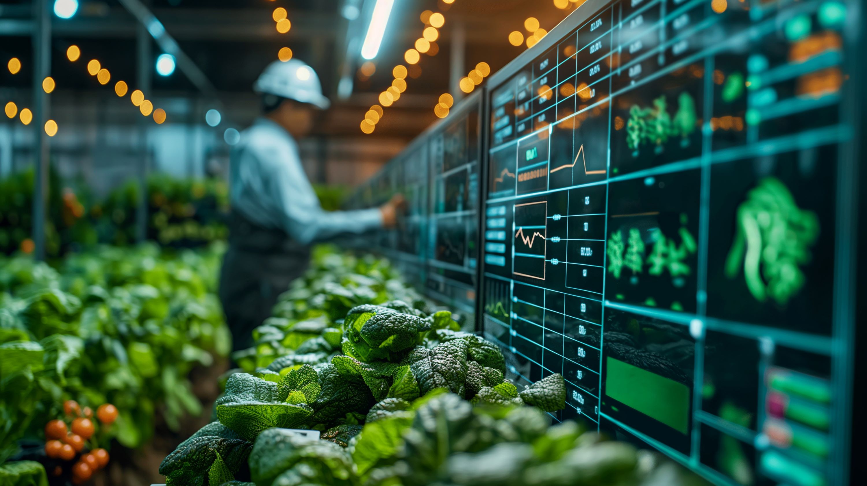 Agriculture professional within an indoor growing facility and interacting with a bank of computer monitors