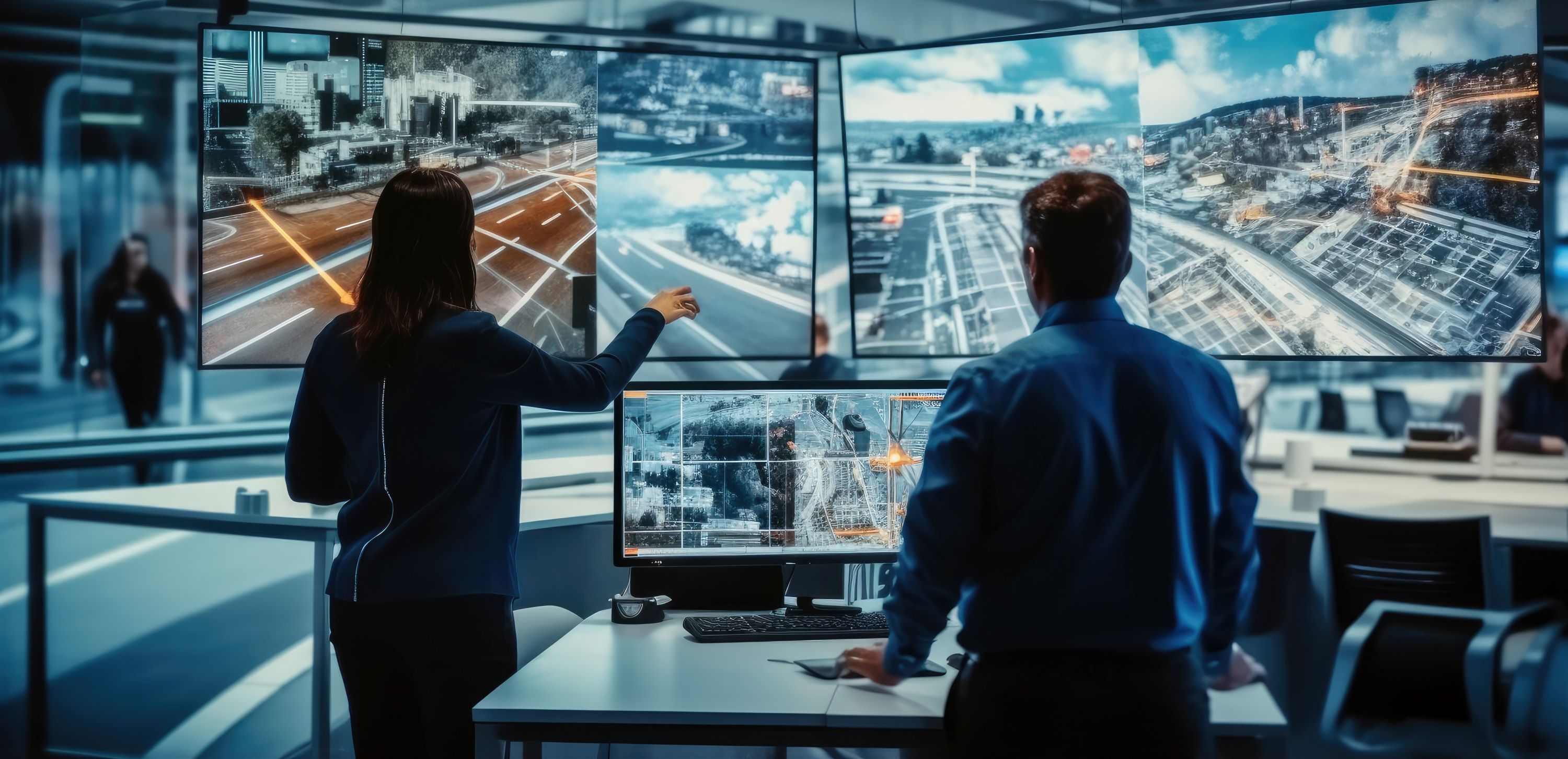 Two government facilities professionals monitoring a control center.