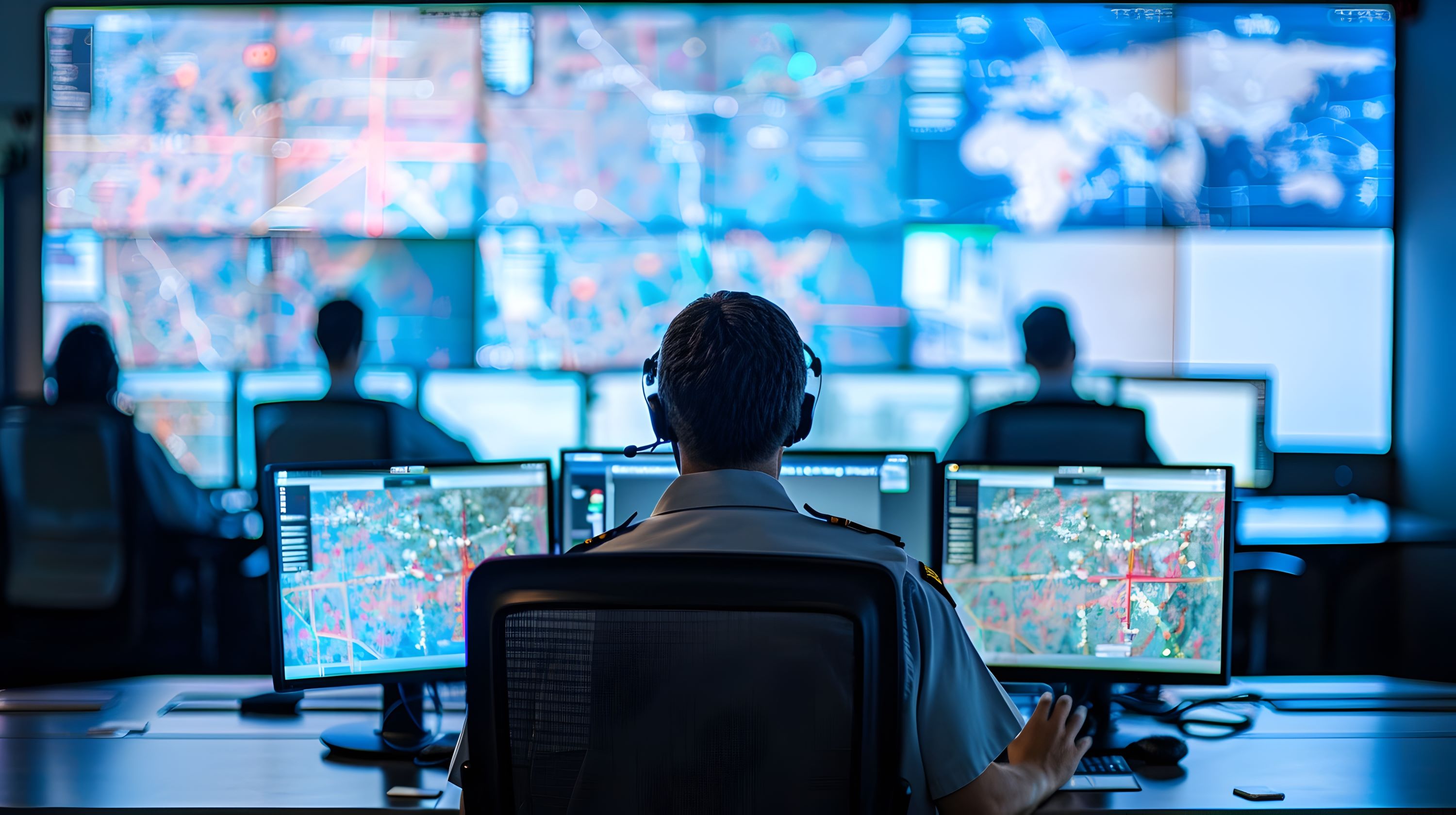 Communications professional within a control center working at a computer with three monitors
