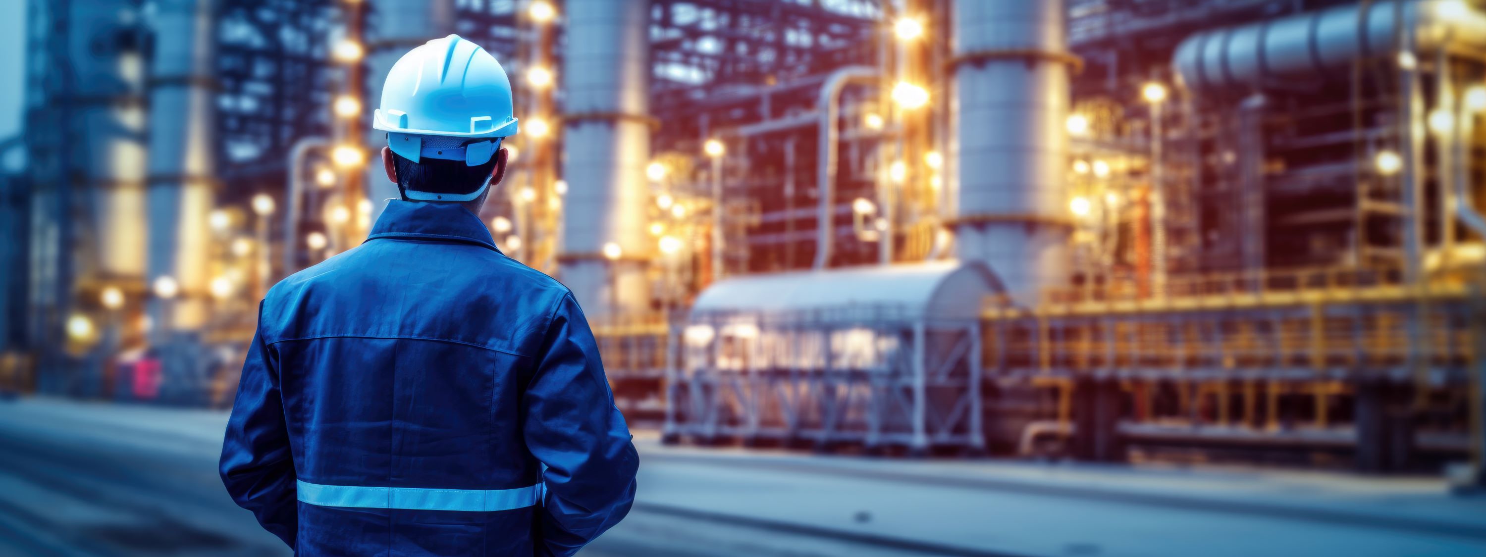 Sector facility professional in a hard hat looking.