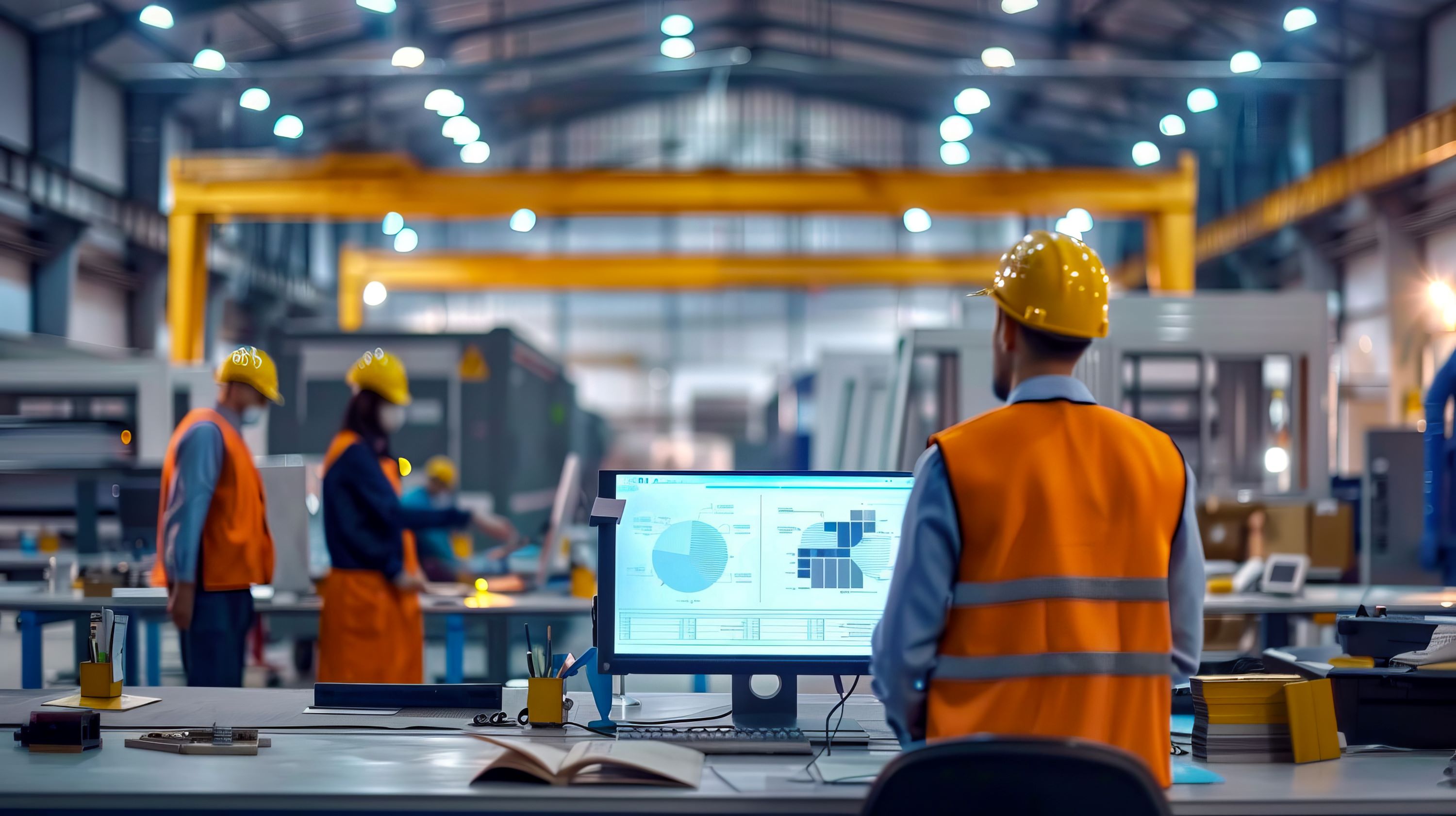 Manufacturing worker within warehouse facility standing at computer monitor