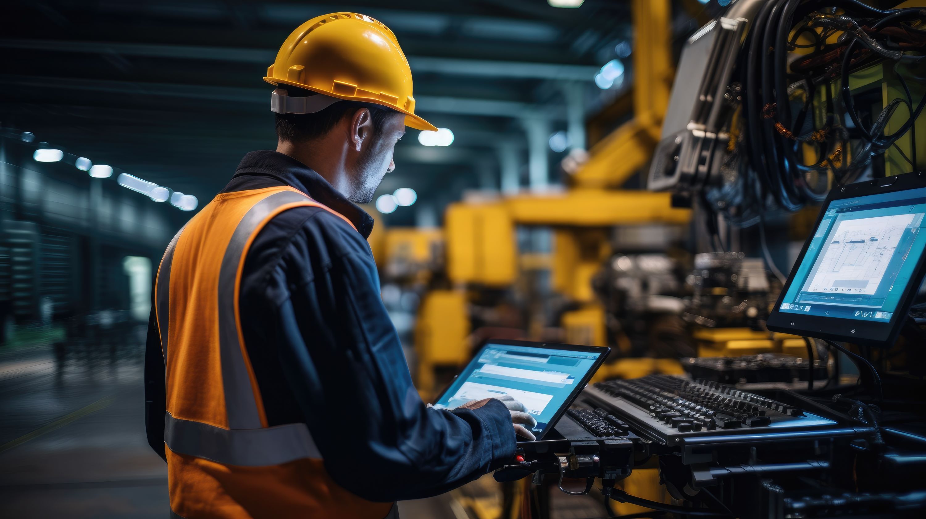 Manufacturing professional with a laptop computer working at a diagnostics terminal 