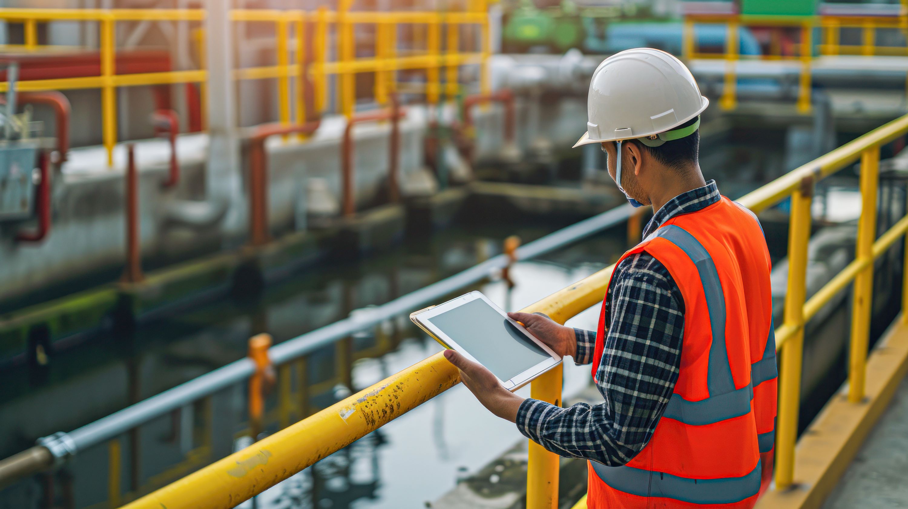 Water utility professional at a treatment facility holding a pad device.
