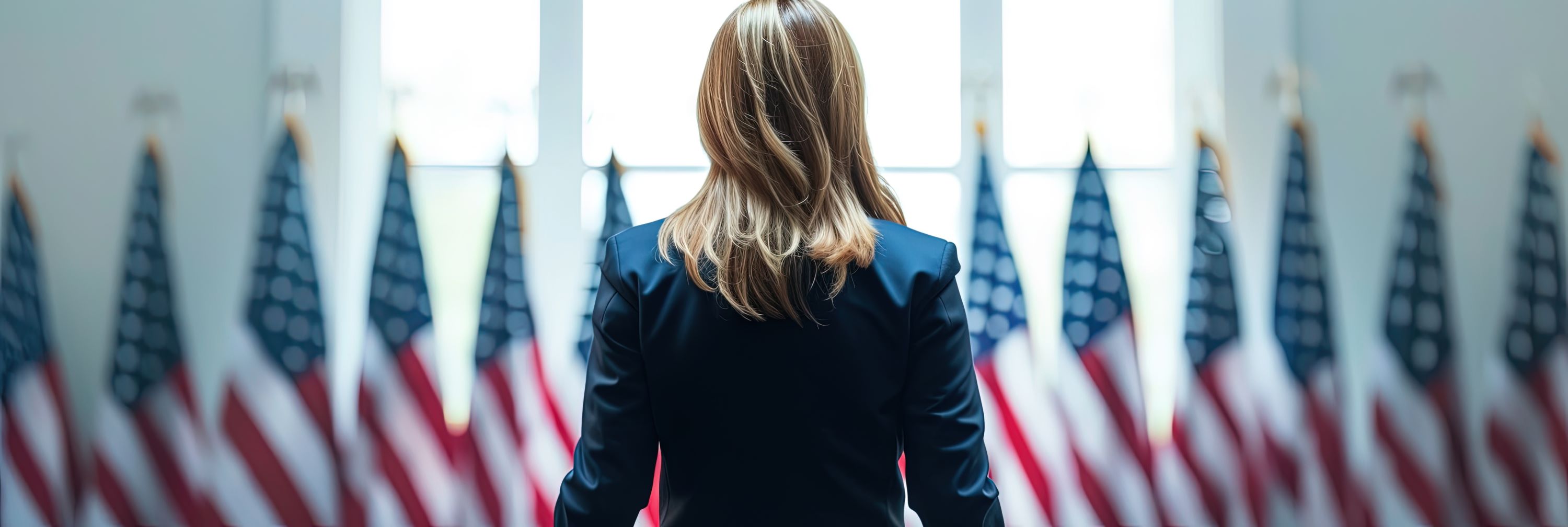 Government professionals standing in front of a row of American flags.